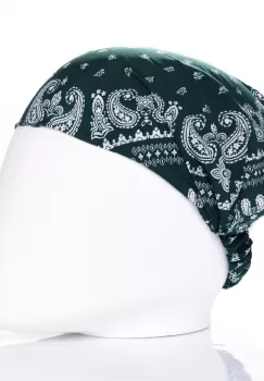 Bandana cu imprimeu alb pe fond verde inchis si elastic la spate imagine