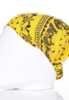 Bandana cu imprimeu negru pe fond galben si elastic la spate imagine