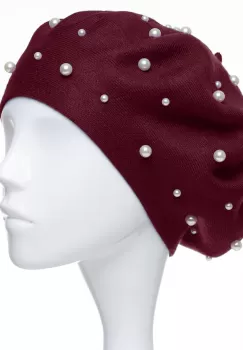 Bereta bordo, cu perle fine negre aplicate pe toata suprafata, din bumbac si lana imagine