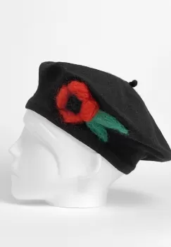 Bereta frantuzeasca neagra din stofa de lana subtire cu mac rosu impaslit manual imagine