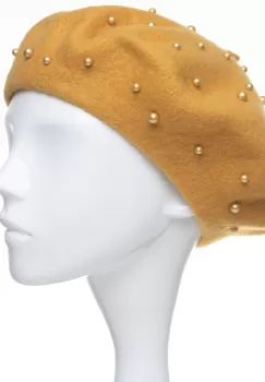 Bereta galben mustar, cu perle fine aplicate pe toata suprafata, din lana imagine