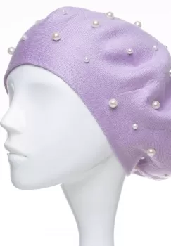 Bereta lila clasica, cu perle fine aplicate pe toata suprafata, din bumbac si lana imagine