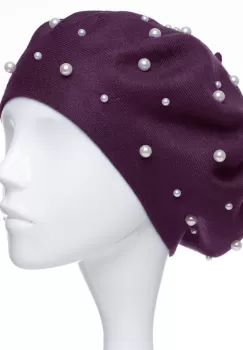 Bereta mov, cu perle fine negre aplicate pe toata suprafata, din bumbac si lana imagine