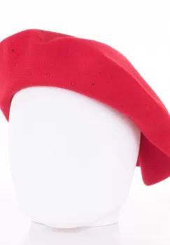 Bereta rosie chic, cu strasuri foarte fine aplicate pe toata suprafata, din bumbac si lana imagine