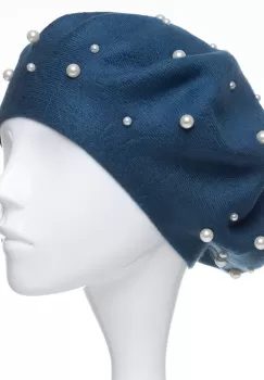 Bereta turcoaz inchis, cu perle fine aplicate pe toata suprafata, din bumbac si lana imagine