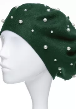 Bereta verde, cu perle fine negre aplicate pe toata suprafata, din bumbac si lana imagine