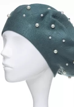 Bereta verde prafuit clasica, cu perle fine aplicate pe toata suprafata, din bumbac si lana imagine