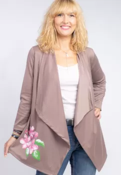 Blazer casual din tricot cu imprimeu floare pe o parte, bej imagine