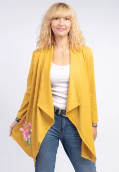 Blazer casual din tricot cu imprimeu floare pe o parte, mustar imagine