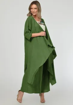 Blazer lung din in, fluid, cu revere, verde oliv imagine