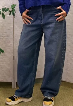 Blugi wide leg albastri cu capse laterale decorative imagine