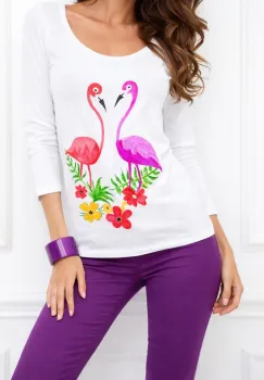 Bluza alba din bumbac  pictata manual ,cu flamingo,unicat imagine