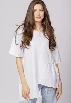 Bluza alba din in, asimetrica, cu siret lateral imagine