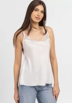 Bluza alba tip maiou din satin, tivita cu dantela pe decolteu imagine