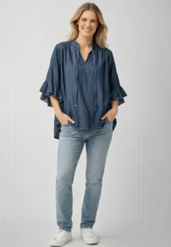 Bluza albastra tip denim cu volane si snur la gat, croi lejer, stil feminin casual imagine