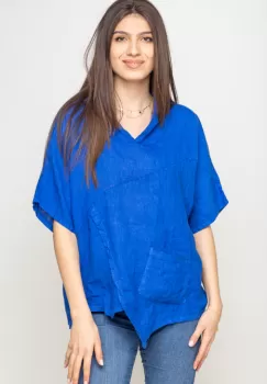 Bluza albastru electric asimetrica din in, cu gluga imagine