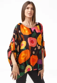 Bluza amestec matase cu vascoza, imprimeu pictural cu flori galbene delicate - Copie imagine