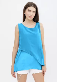 Bluza asimetrica in colturi din matase naturala si bumbac fara maneci, albastru azur imagine