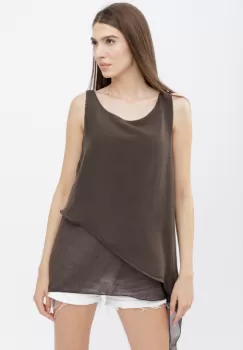 Bluza asimetrica in colturi din matase naturala si bumbac fara maneci, maro imagine