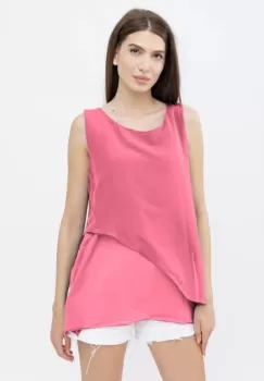 Bluza asimetrica in colturi din matase naturala si bumbac fara maneci, roz imagine