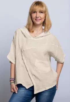 Bluza bej asimetrica din in, cu gluga imagine