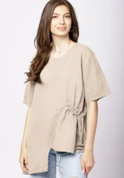 Bluza bej din in, asimetrica, cu siret lateral imagine