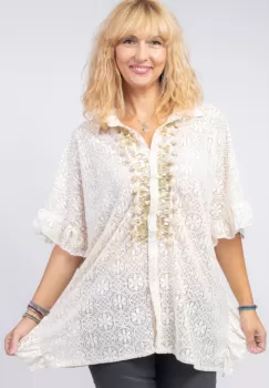 Bluza bej eleganta din dantela cu aplicatie aurie imagine