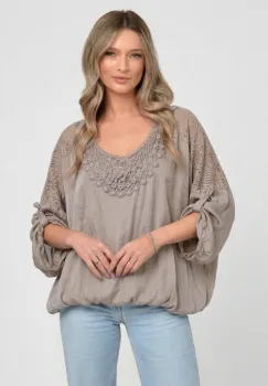 Bluza bej inchis din matase cu dantela si broderie decorativa si insertii discrete stralucitoare de paiete imagine