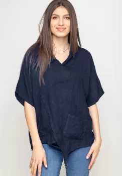 Bluza bleumarin asimetrica din in, cu gluga imagine