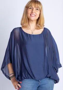 Bluza bleumarin din matase naturala cu maneca fluture imagine