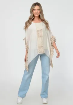 Bluza boho bej, din matase naturala, in colturi, cu insertie de broderie si tivita cu dantela macrame imagine