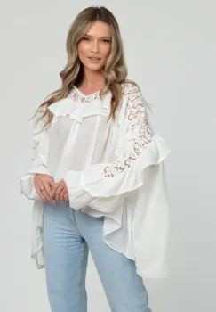 Bluza boho oversize din batist de bumbac, in colturi, cu volan si dantela, alba imagine