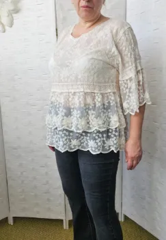 Bluza brodata cu volane din dantela de bumbac, bej imagine