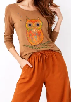 Bluza camel din bumbac  pictata manual ,cu bufnita imagine