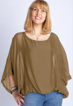 Bluza camel din matase naturala cu maneca fluture imagine