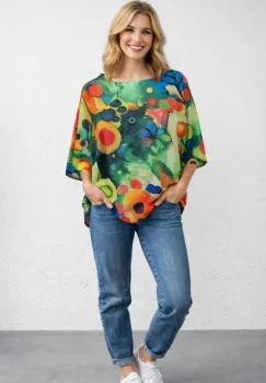 Bluza cu maneca fluture trei sferturi si imprimeu cu flori multicolore in stil acuarela imagine