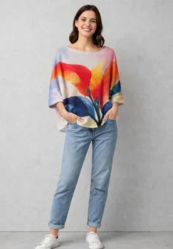 Bluza cu maneca fluture trei sferturi si imprimeu floare stilizata in culori vibrante imagine