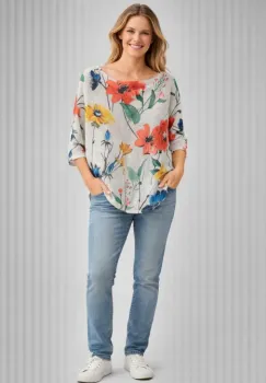 Bluza cu maneca fluture trei sferturi si imprimeu flori multicolore pe fond alb imagine