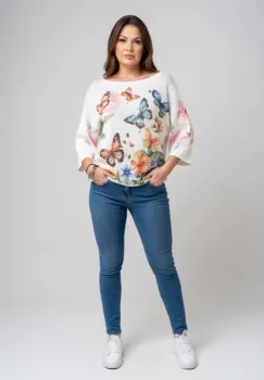 Bluza cu maneca fluture trei sferturi si imprimeu fluturi multicolori pe fond alb imagine