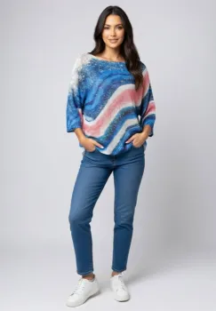 Bluza cu maneca fluture trei sferturi si imprimeu gradinent albastru si roz imagine