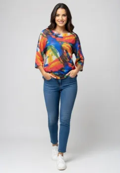 Bluza cu maneca fluture trei sferturi si imprimeu pete de culoare picturale vibrante imagine