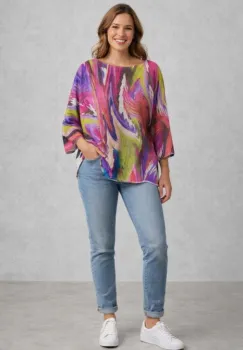 Bluza cu maneca fluture trei sferturi si imprimeu pictural cu mov si verde imagine