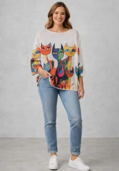 Bluza cu maneca fluture trei sferturi si imprimeu pisici stilizate in culori multicolore imagine