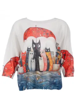 Bluza cu maneca fluture trei sferturi si imprimeu pisicute haioase sub umbrela rosie imagine