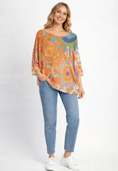 Bluza cu maneca fluture trei sferturi si imprimeu solar portocaliu imagine