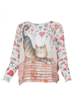 Bluza cu maneca lunga fluture si imprimeu pisica bonoma cu inimi imagine