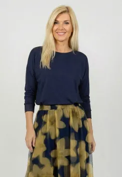 Bluza dama cu maneca fluture si satin la maneci si decolteu, bleumarin imagine