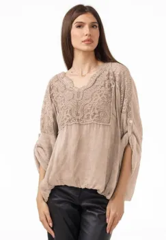 Bluza dama eleganta matase, dantela boho si tricotaj,bej fango imagine