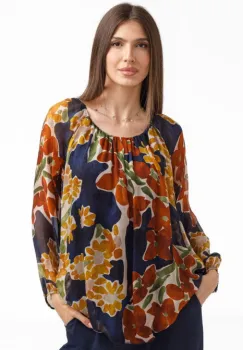 Bluza dama lejera din matase si vascoza cu imprimeu floral multicolor si maneci lungi imagine