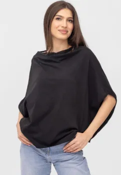 Bluza dama neagra cu croi amplu si decolteu drapat elegant, din bumbac imagine